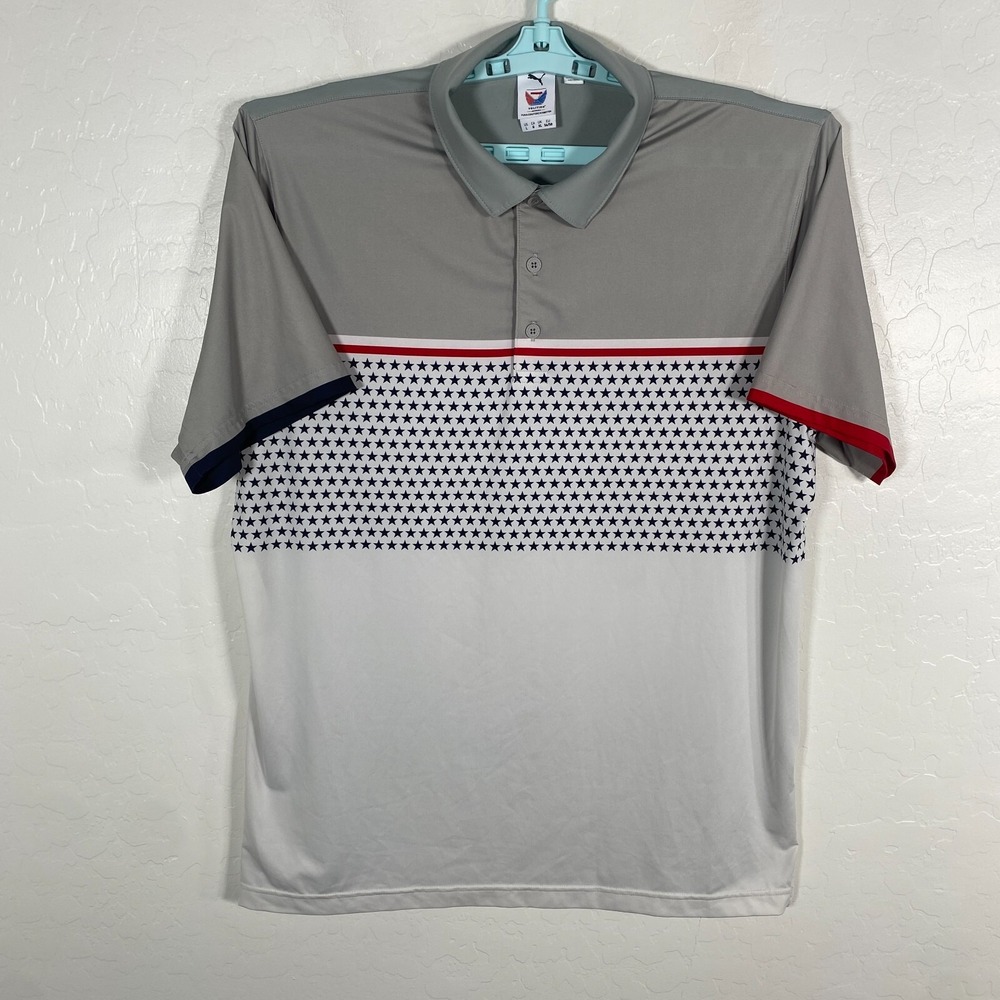 Puma Volition America Polo Shirt Mens Large Gray Stars Striped‎ Golf Performance